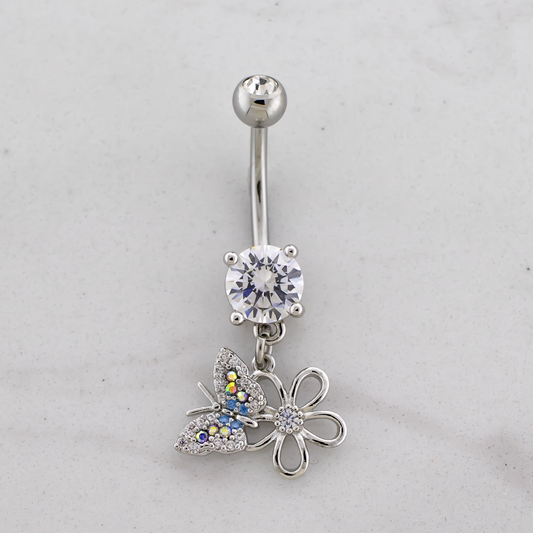 14G Butterfly and Flower Navel Ring