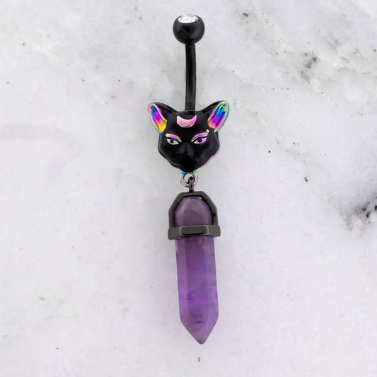 14G Cat With Crystal Navel Ring - Pierced Addiction