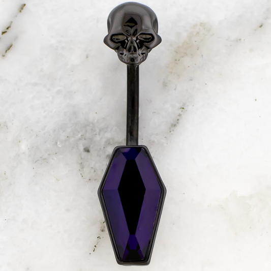 14G Black Skull and Purple Gem Coffin Navel Ring - Pierced Addiction