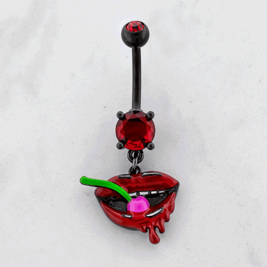 14G Black PVD Lips with Cherry Navel Ring