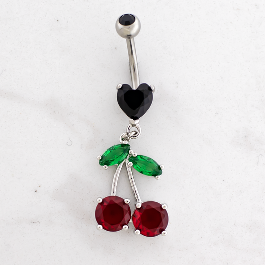 14G Gem Cherry Black Heart Navel Ring - Pierced Addiction