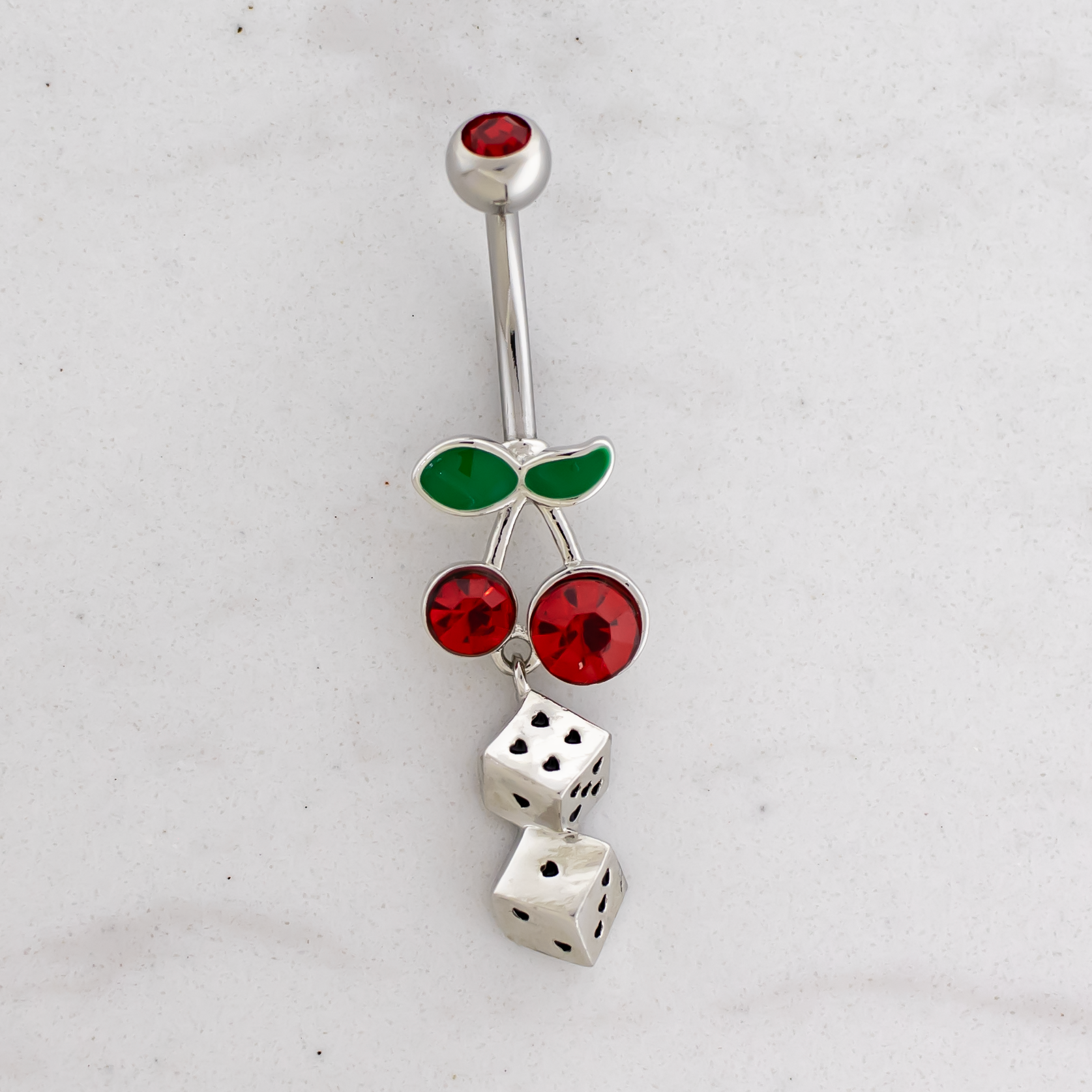 14G Cherry With Heart Dice Navel Ring - Pierced Addiction