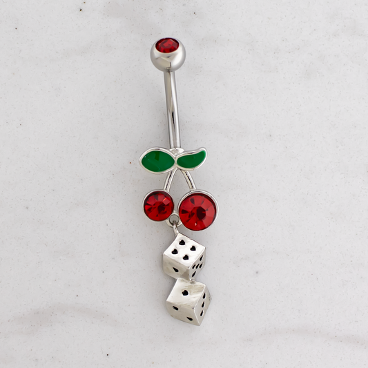 14G Cherry With Heart Dice Navel Ring - Pierced Addiction
