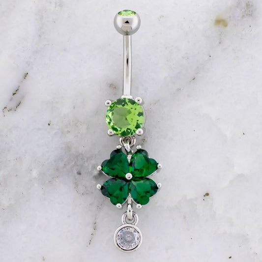 14G Gem Clover With Gem Dangle Navel Ring - Pierced Addiction