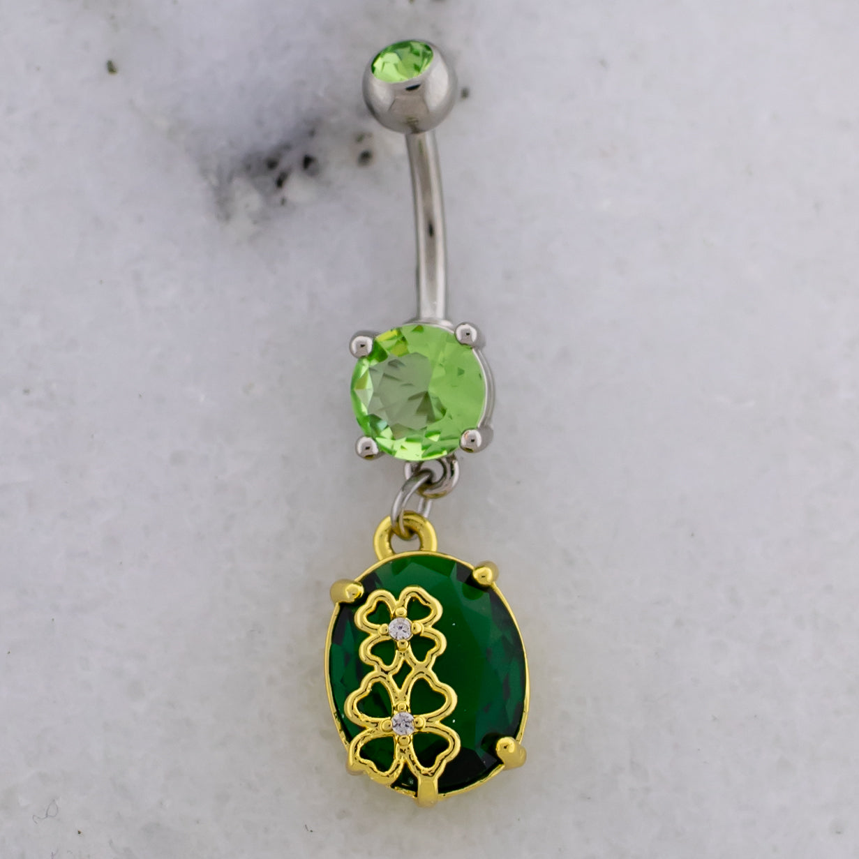 14G Green Gem With Clover Navel Ring - Pierced Addiction