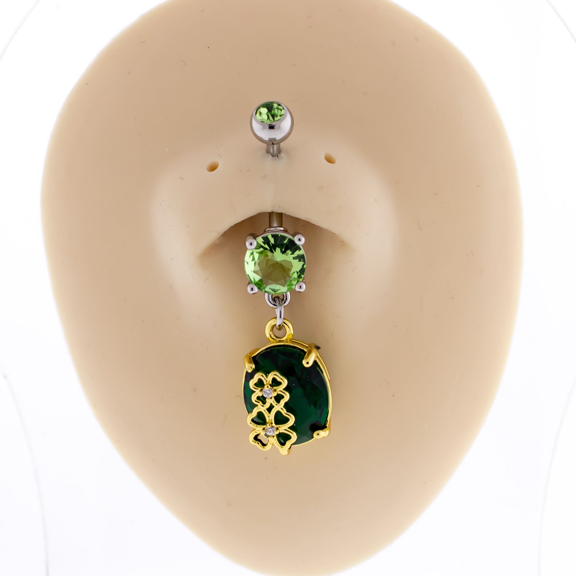 14G Green Gem With Clover Navel Ring - Pierced Addiction