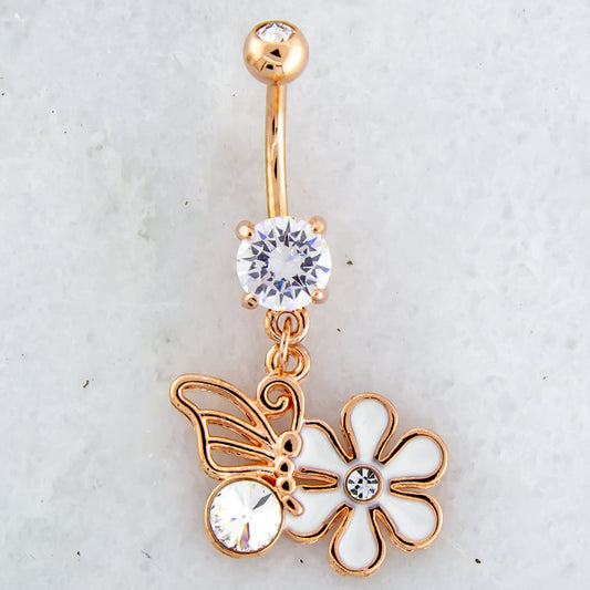 14G Rose Gold Butterfly and Flower Navel Ring - Pierced Addiction