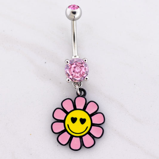 14G Happy Face Flower Navel Ring - Pierced Addiction