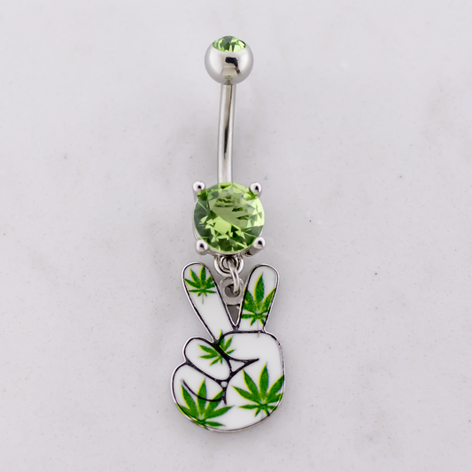 14G Peace Sign Hand Pot Leaf Navel Ring - Pierced Addiction