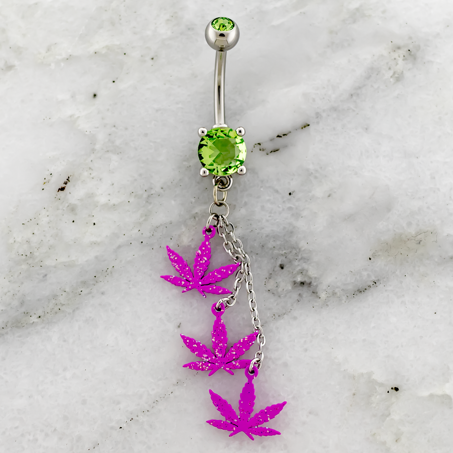 14G Triple Pink Pot Leaf Dangle Navel Ring - Pierced Addiction