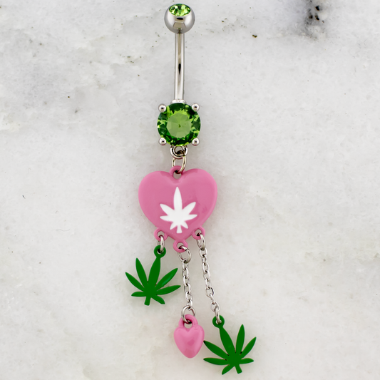 14G Heart Pot Leaf Dangle Navel Ring - Pierced Addiction