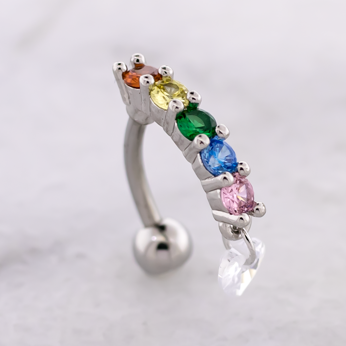 14G Rainbow Gems With Heart Navel Ring - Pierced Addiction