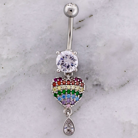 14G Rainbow Gem Heart Navel Ring - Pierced Addiction