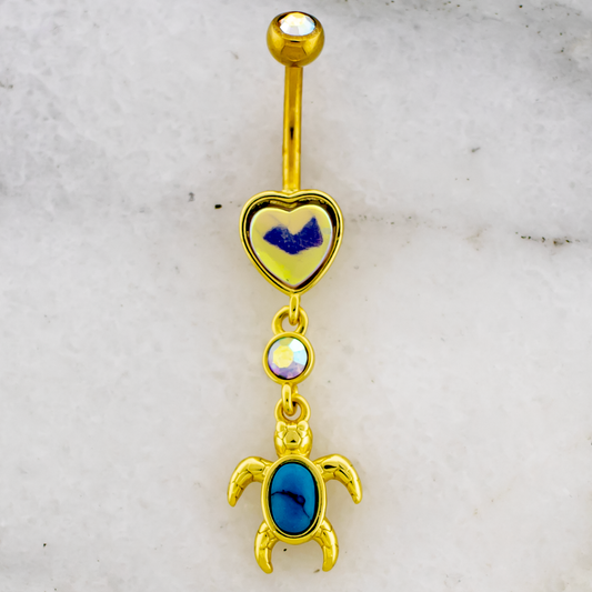 14G Iridescent Heart and Turquoise Turtle Navel Ring