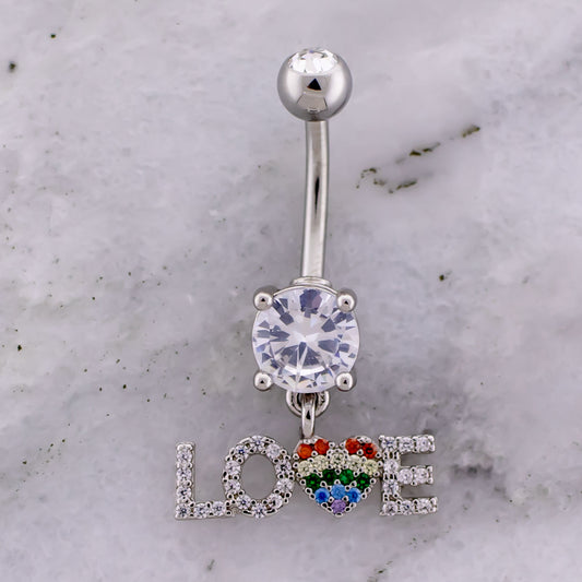 14G Pave Rainbow Heart "LOVE" Navel Ring