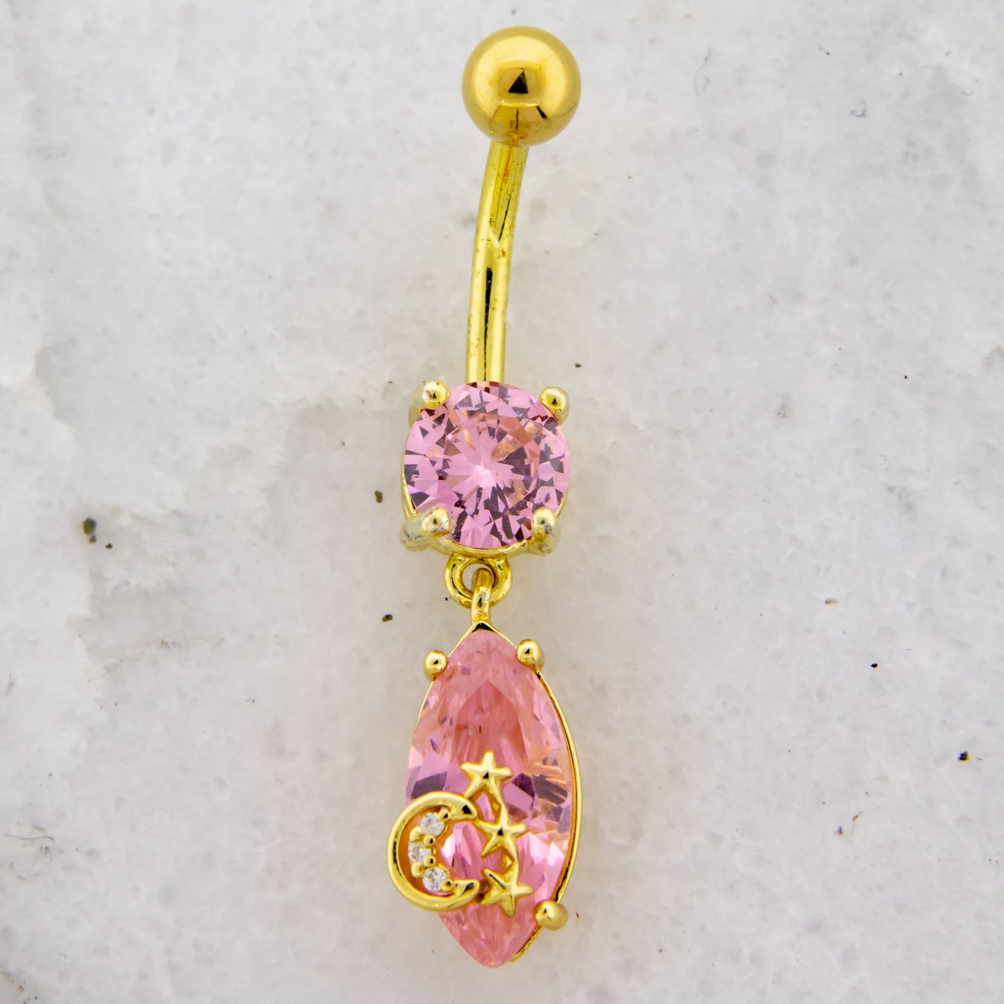 14G Pink Teardrop Gem With Moon and Stars Navel Ring - Pierced Addiction