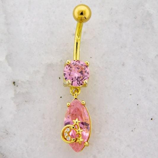 14G Pink Teardrop Gem With Moon and Stars Navel Ring - Pierced Addiction