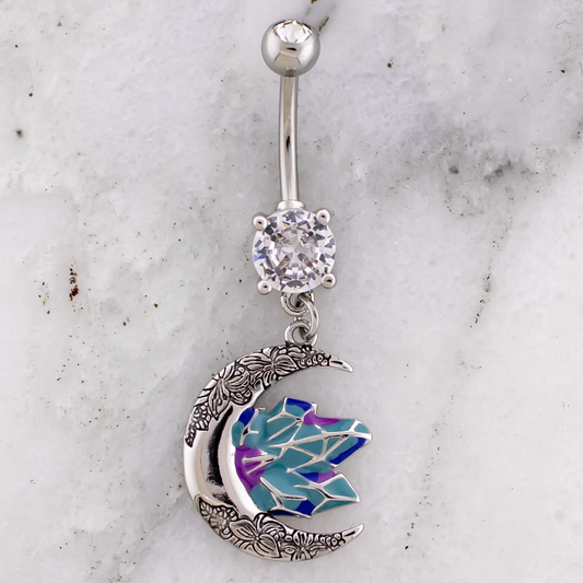 14G Floral Print Moon With Enamel Crystal Navel Ring - Pierced Addiction