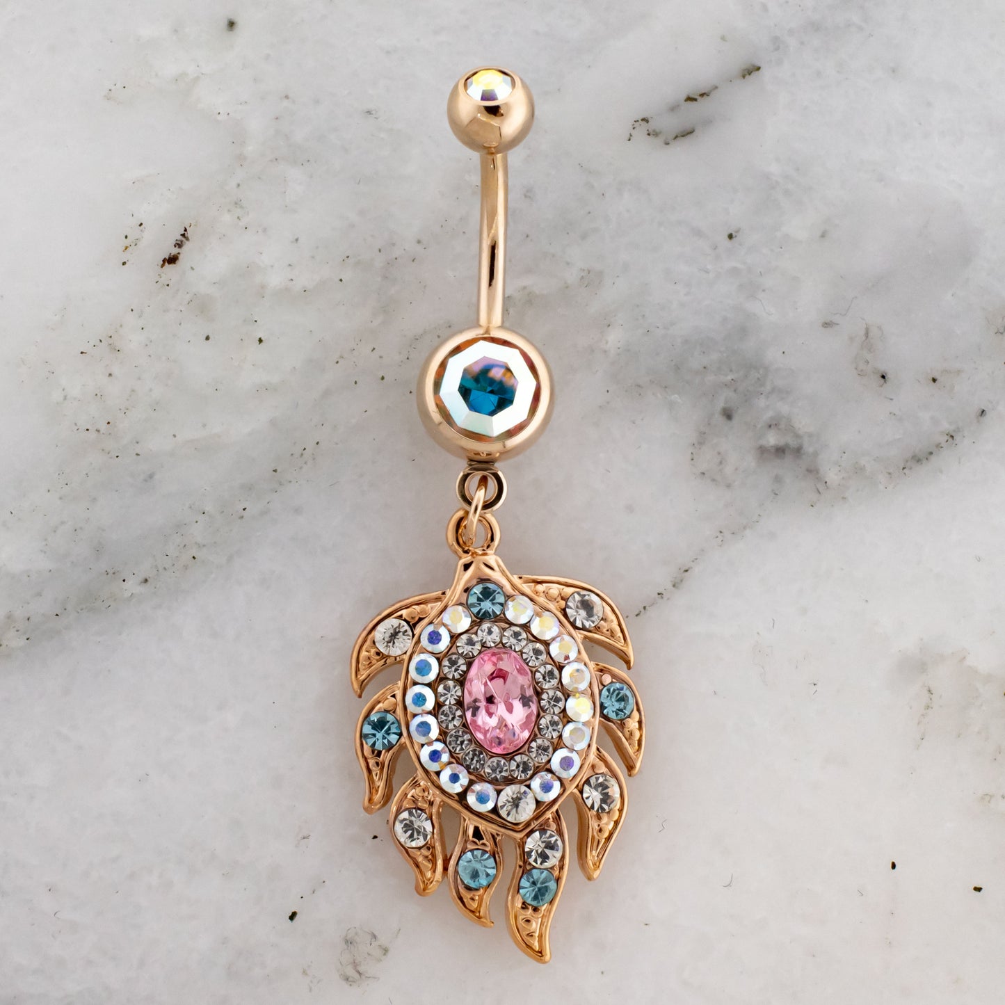 14G Rose Gold Peacock Feather Navel Ring - Pierced Addiction