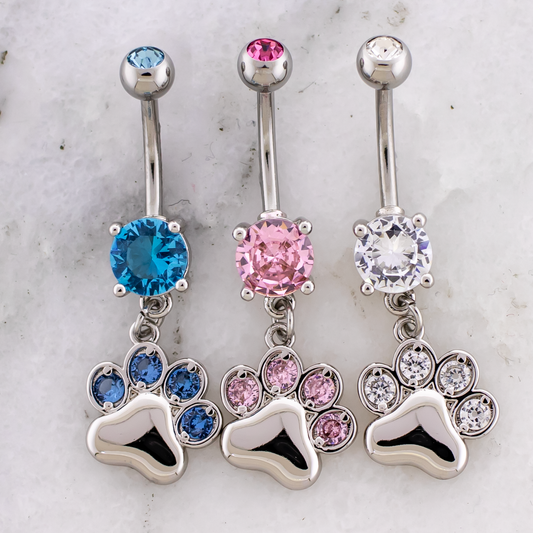 14G Gemmed Paw Print Dangle Navel Ring - Pierced Addiction