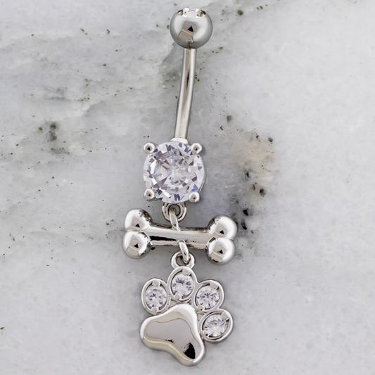 14G Bone and Pawprint Navel Ring - Pierced Addiction