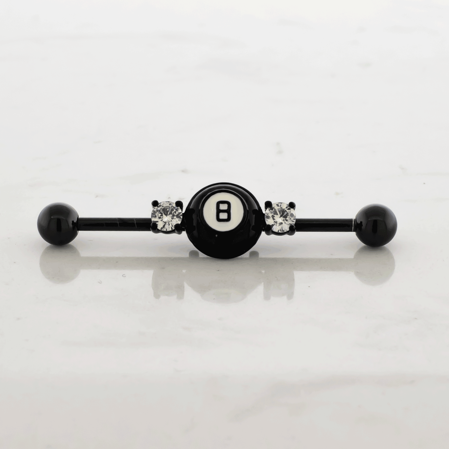 14G Industrial Barbell - Black Eight Ball - Pierced Addiction