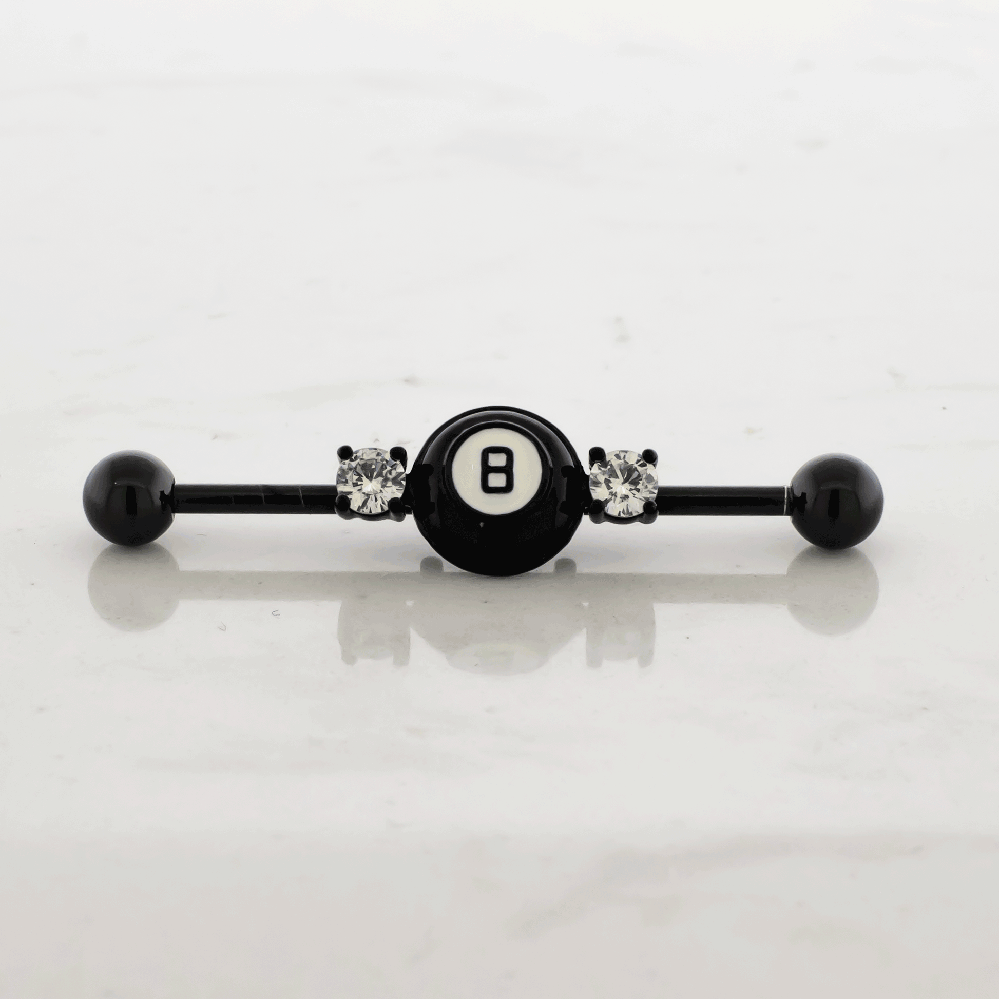14G Industrial Barbell - Black Eight Ball - Pierced Addiction