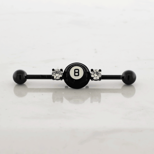 14G Industrial Barbell - Black Eight Ball - Pierced Addiction