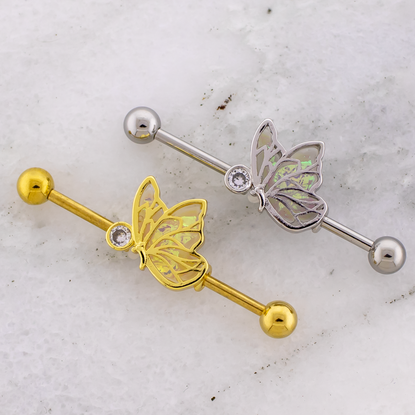 14G Butterfly with Iridescent Wings Industrial Barbell - Pierced Addiction