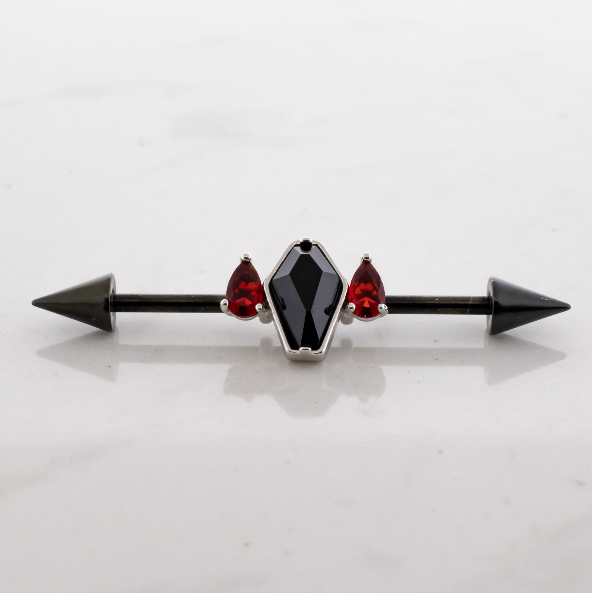 14G Industrial Barbell - Coffin With Teardrop Gems - Pierced Addiction