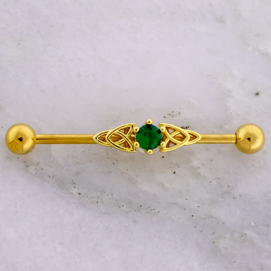 14G Celtic Knot Green Gem Industrial Barbell - Pierced Addiction