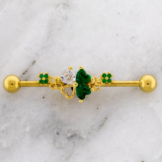 14G Gem and Cutout Clover Industrial Barbell - Pierced Addiction