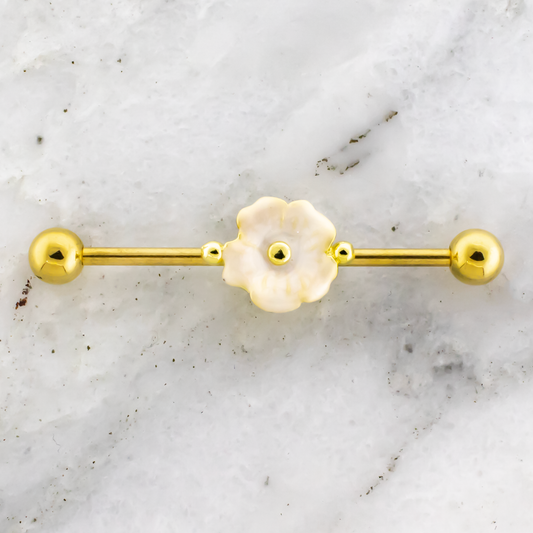 14G White Flower Industrial Barbell - Pierced Addiction