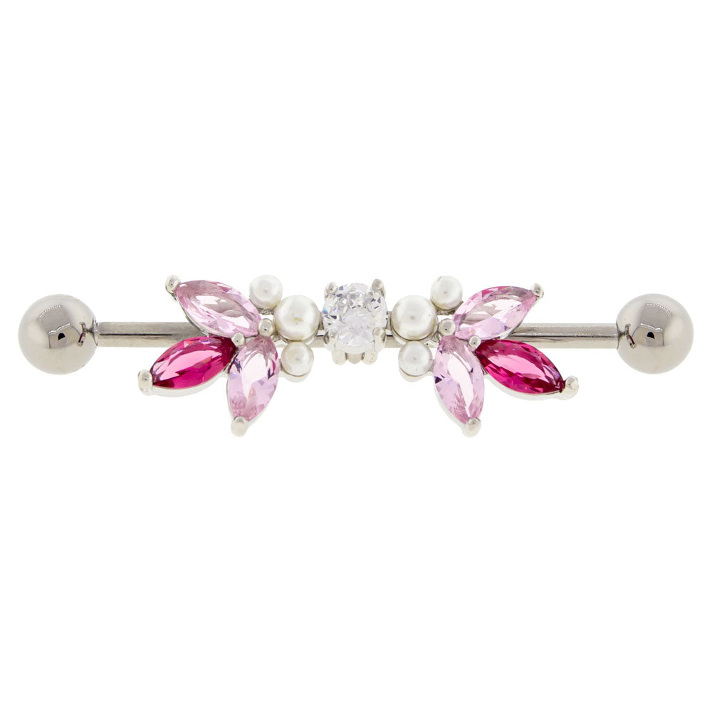 14G Industrial Barbell - Pink Gems and Pearls - Pierced Addiction