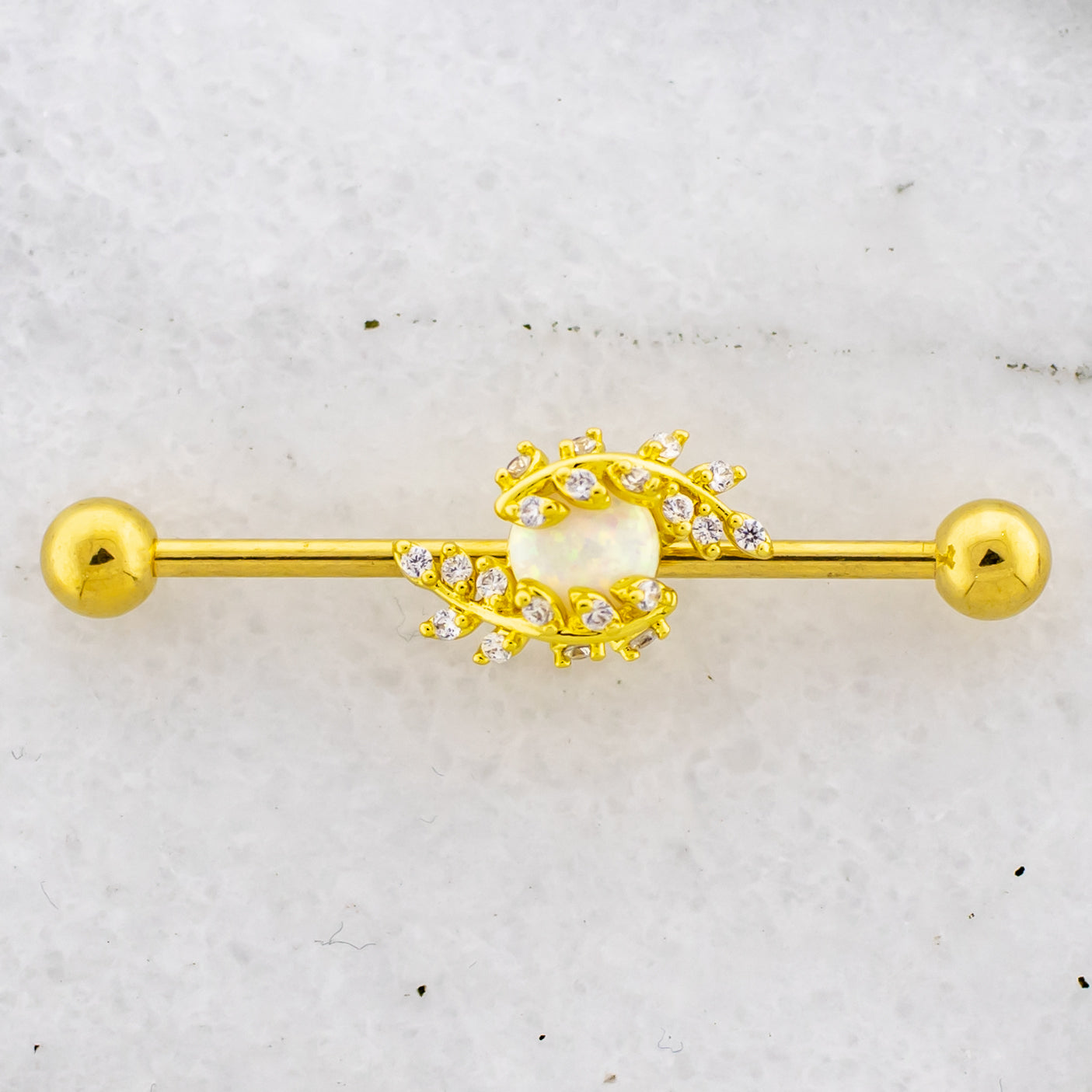 14G Gold Leaves With Center Opal Industrial Barbell - Pierced Addiction