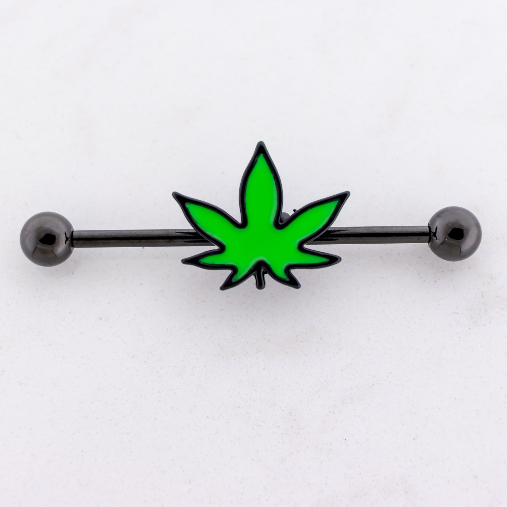 14G Industrial Barbell - Green Pot Leaf - Pierced Addiction