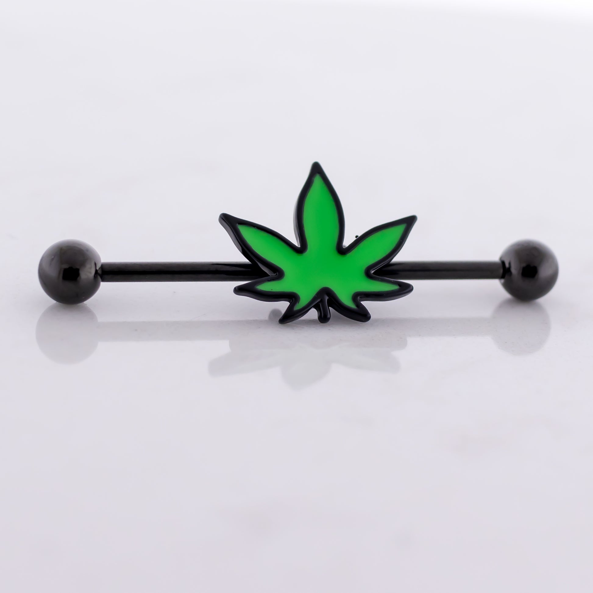 14G Industrial Barbell - Green Pot Leaf - Pierced Addiction