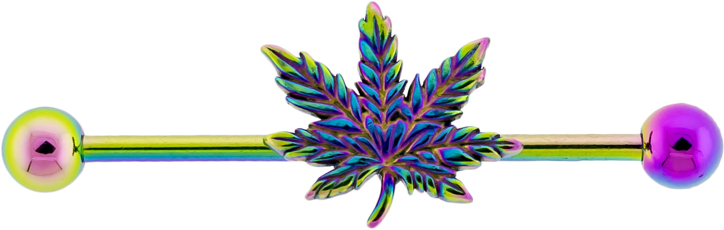14G Industrial Barbell - Rainbow Pot Leaf - Pierced Addiction