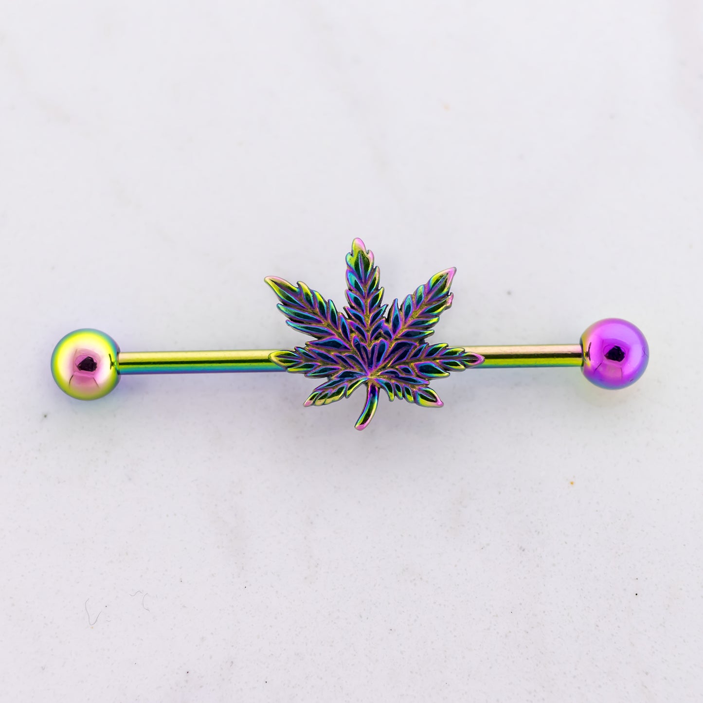 14G Industrial Barbell - Rainbow Pot Leaf - Pierced Addiction