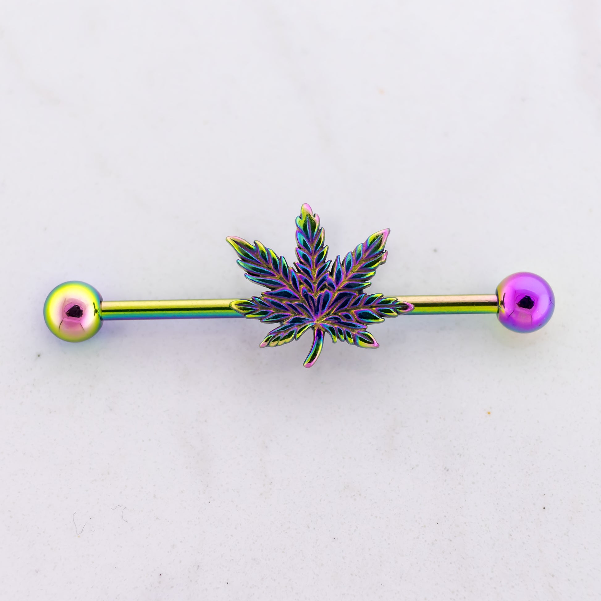 14G Industrial Barbell - Rainbow Pot Leaf - Pierced Addiction