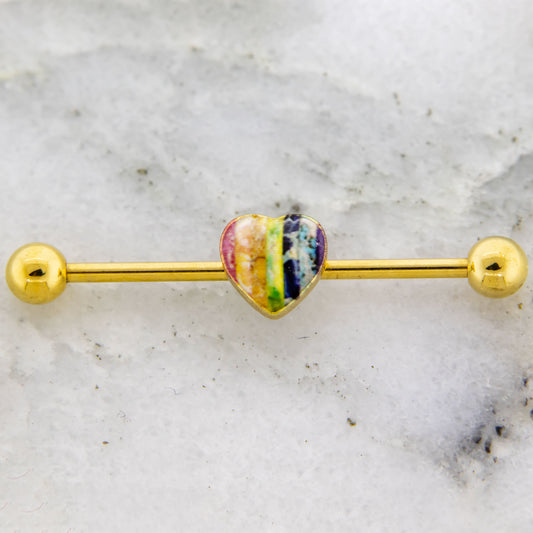 14G Rainbow Heart Industrial Barbell