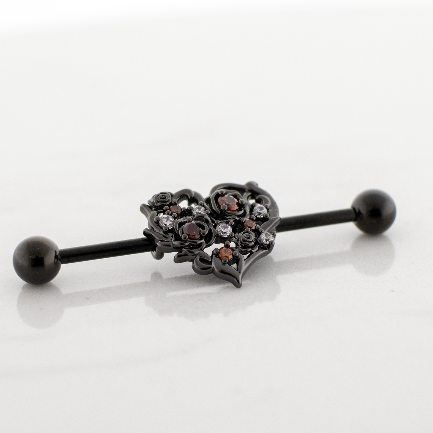 14G Industrial Barbell - Black Gem Heart - Pierced Addiction