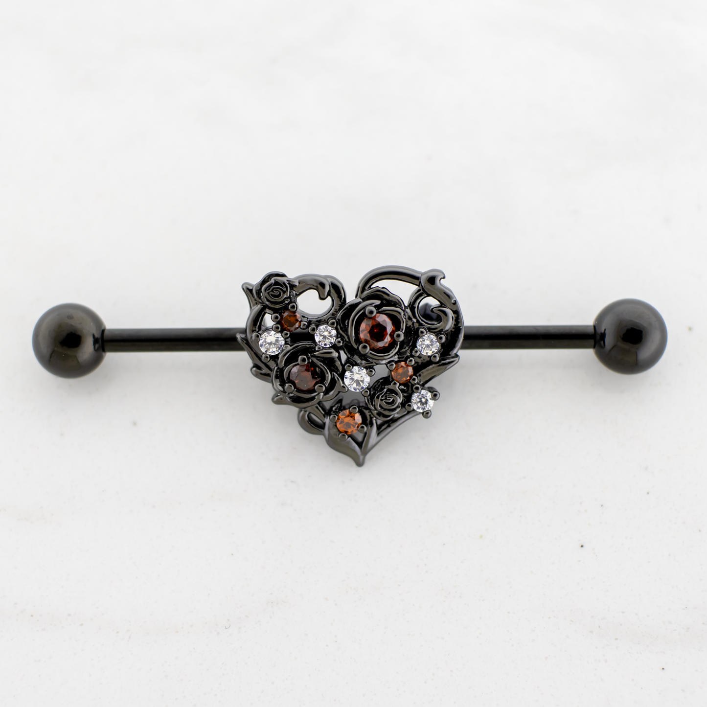 14G Industrial Barbell - Black Gem Heart - Pierced Addiction