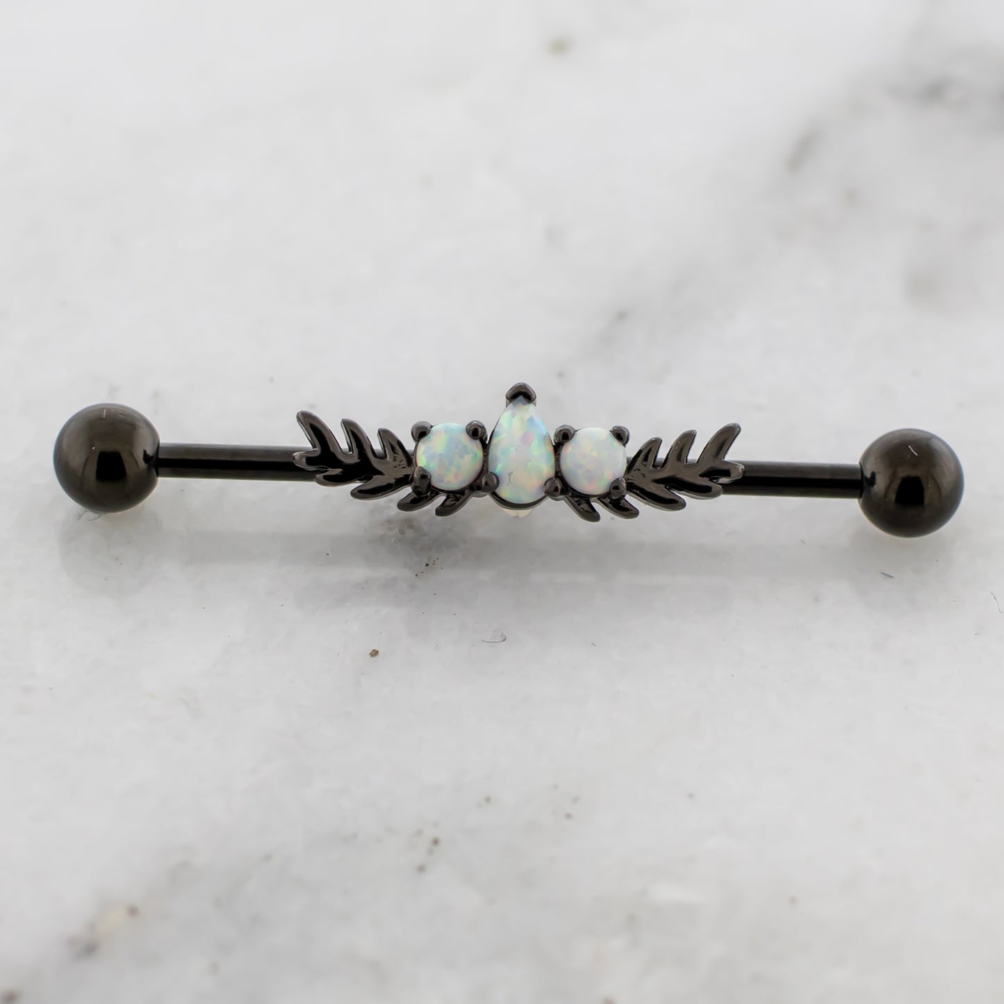 14G Black Olive Leaves With Opal Industrial Barbell - Pierced Addiction