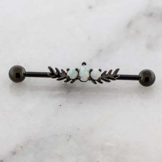 14G Black Olive Leaves With Opal Industrial Barbell - Pierced Addiction