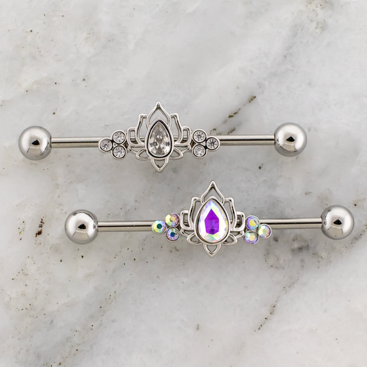 14G Lotus Flower With Gemstones Industrial Barbell - Pierced Addiction