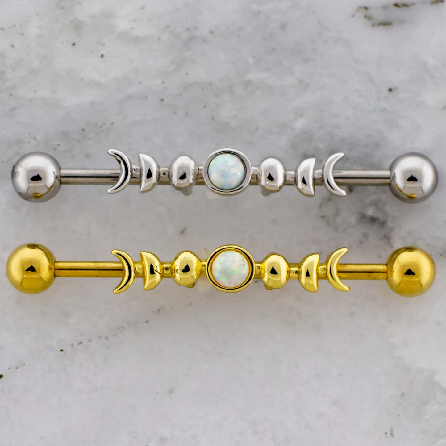 14G Moon Phases With Opal Industrial Barbell - Pierced Addiction