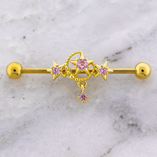 14G Moon And Star With Pink Gems Industrial Barbell - Pierced Addiction