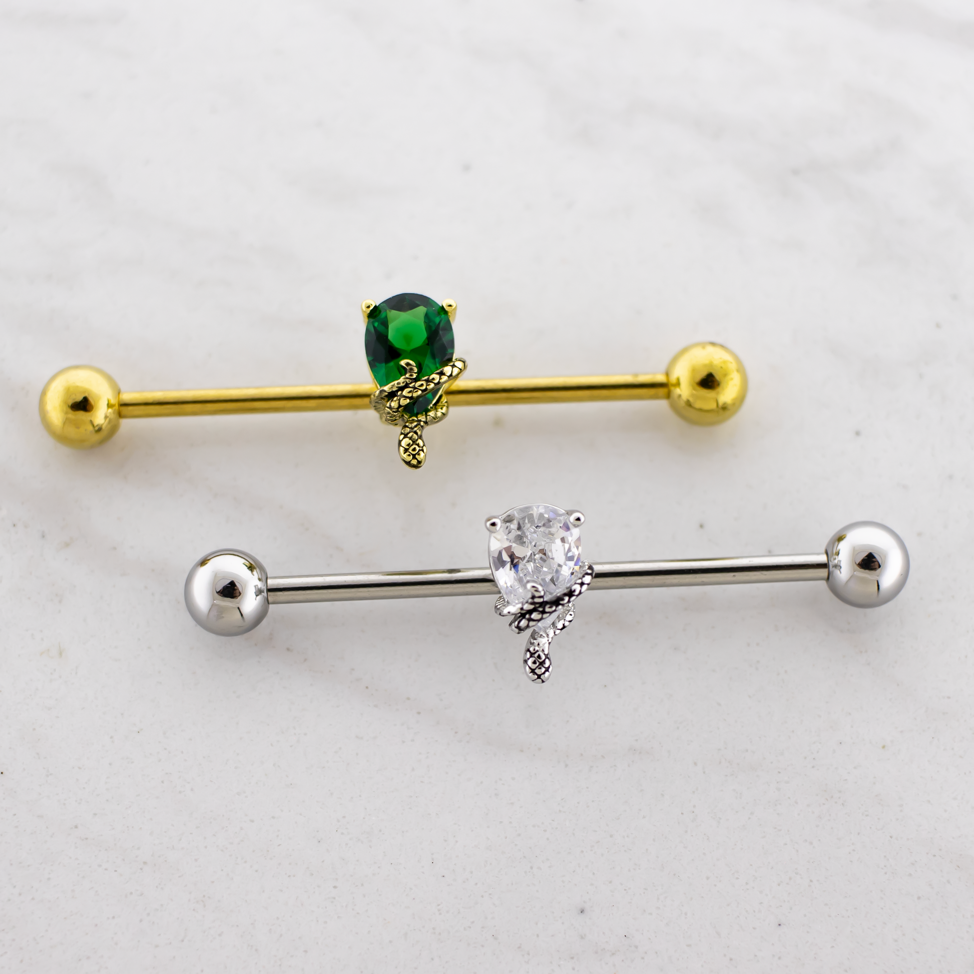 14G Industrial Barbell - Snake Wrapped on Gem - Pierced Addiction