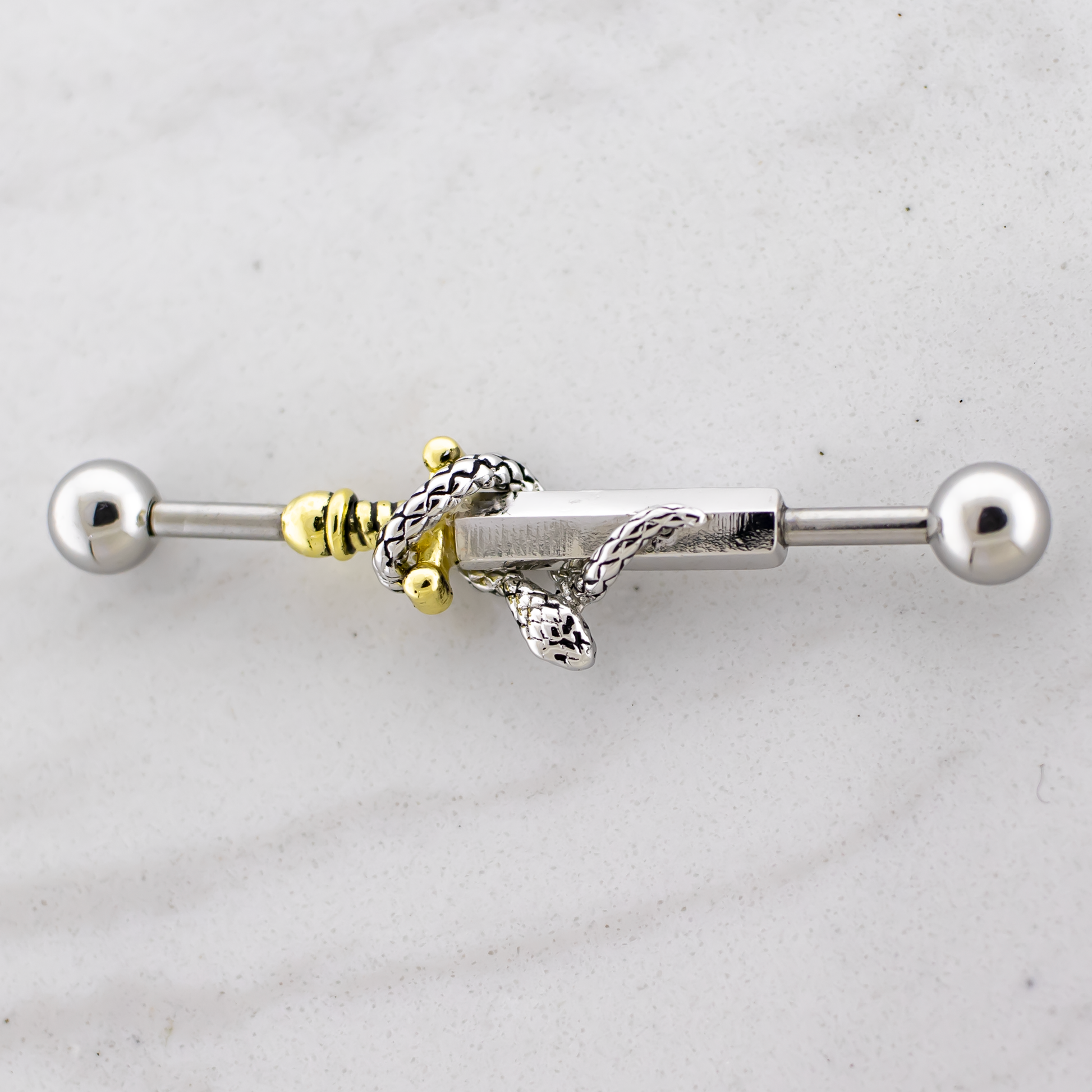 14G Industrial Barbell - Snake Wrapped on Sword - Pierced Addiction